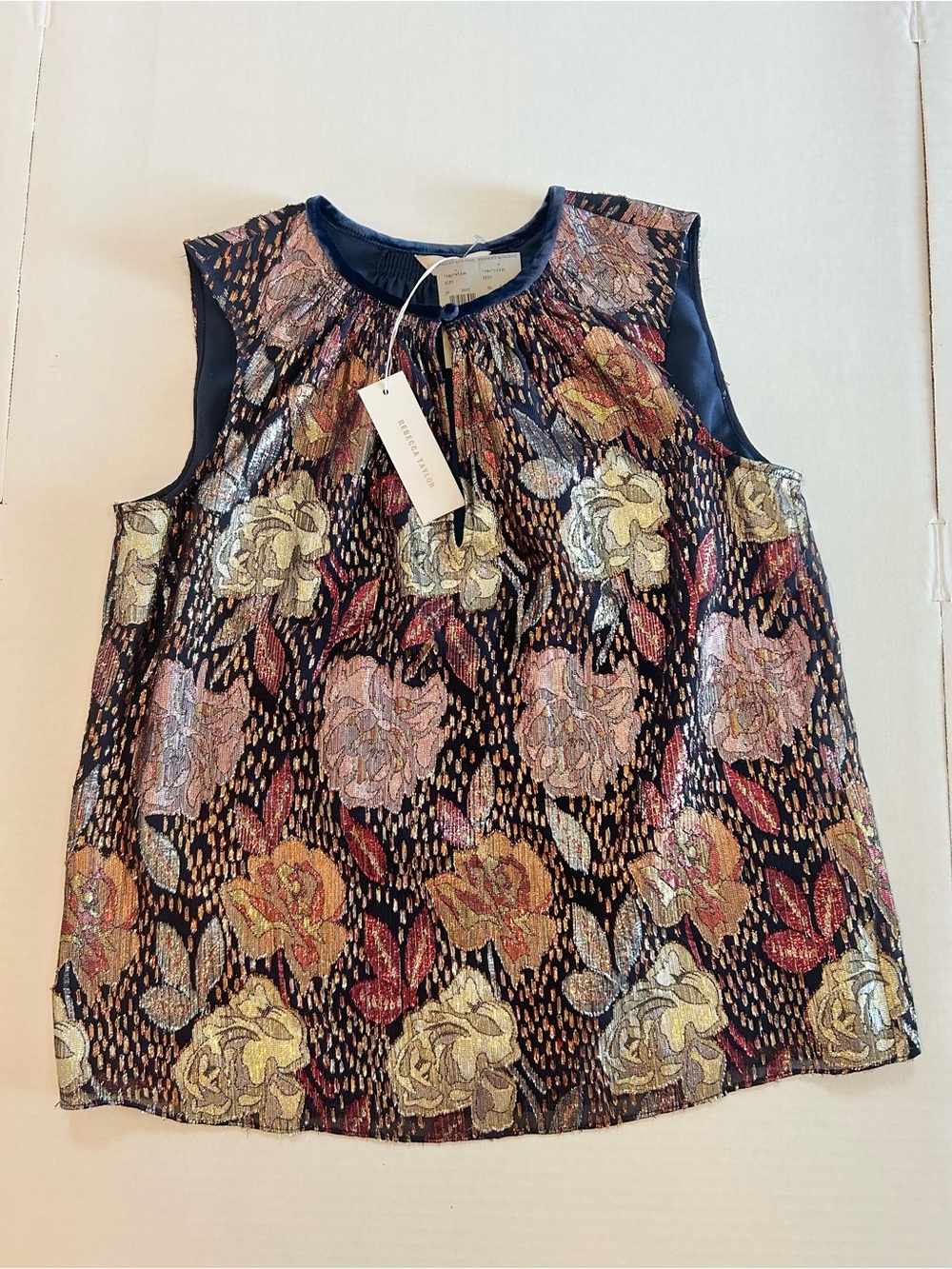 Rebecca Taylor Size 4 Sleeveless Floral Top Metallic Silk Blend Designer NWT